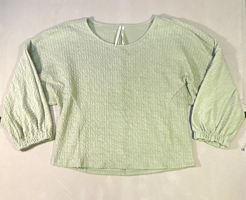 by Anthropologie Green Textured Knit Puff Sleeve Round Neck Pullover Top S